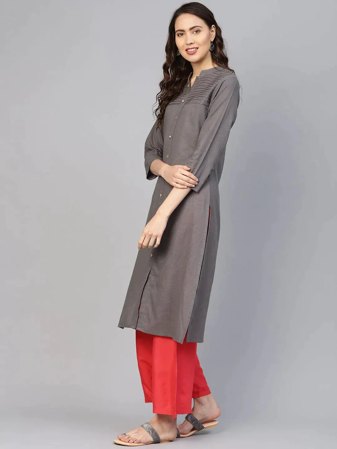 Women Grey Cotton Straight Kurta With Pintucks