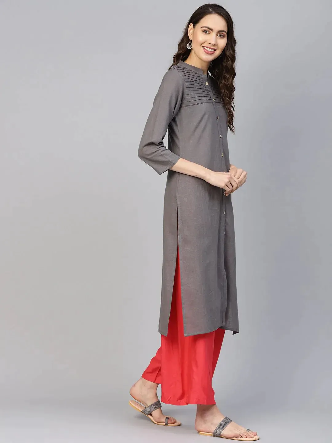 Women Grey Cotton Straight Kurta With Pintucks