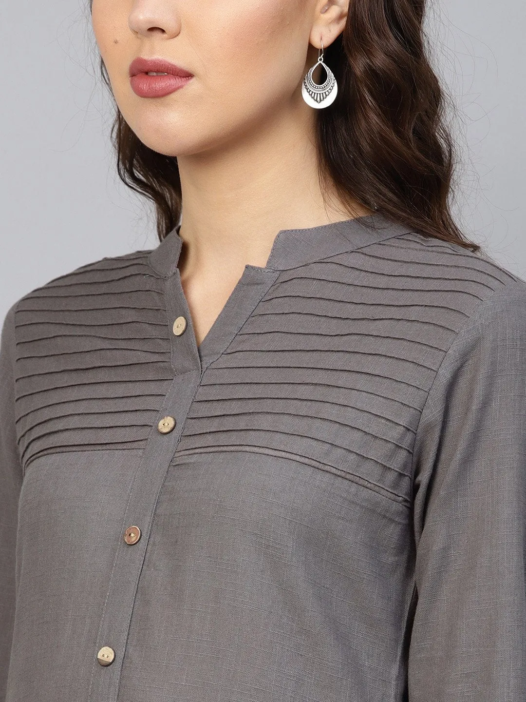 Women Grey Cotton Straight Kurta With Pintucks