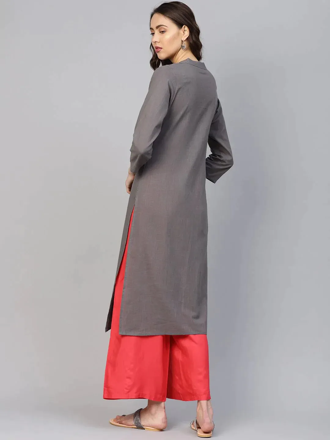 Women Grey Cotton Straight Kurta With Pintucks