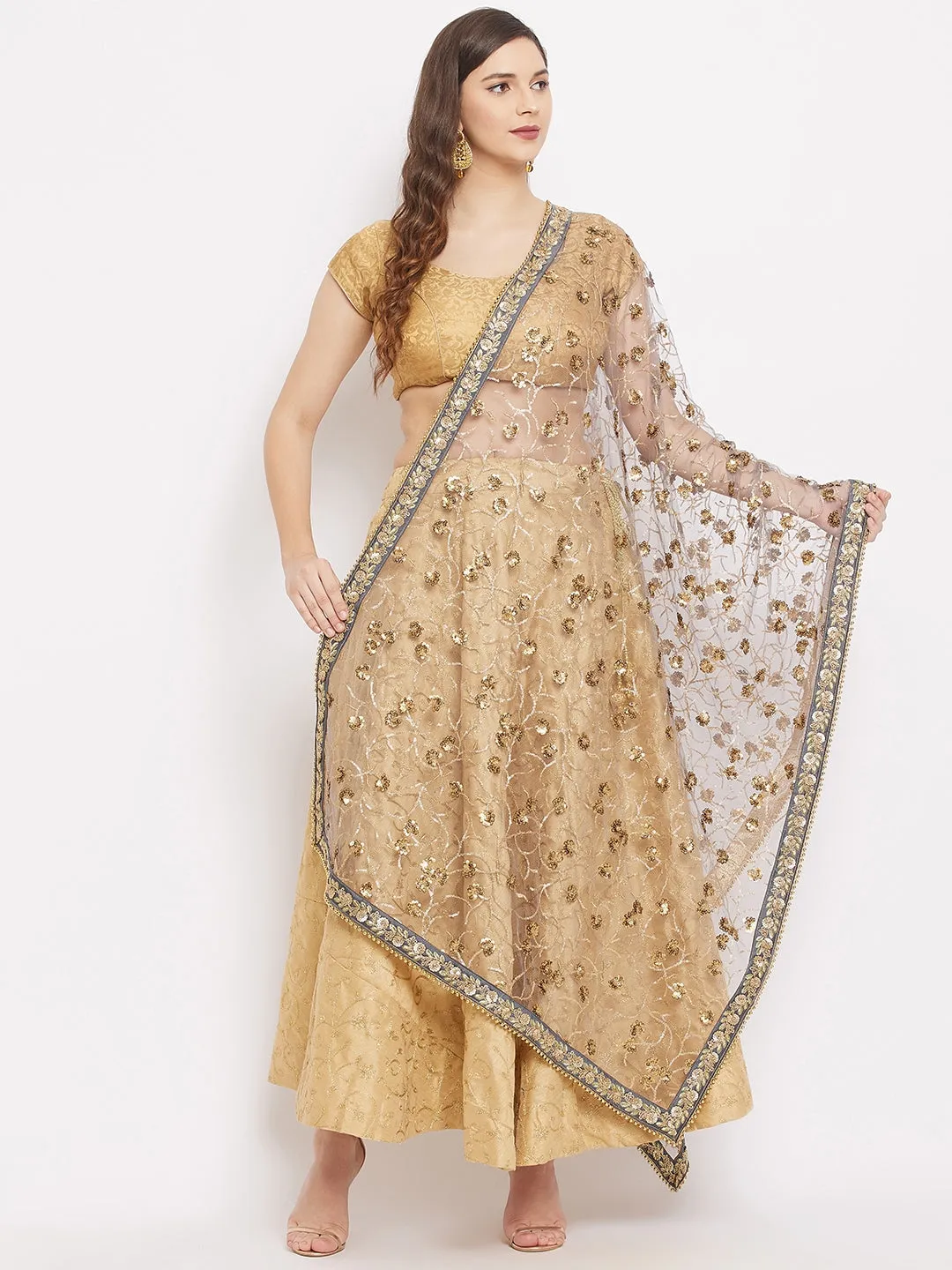 Women Grey Embellished Net Dupatta