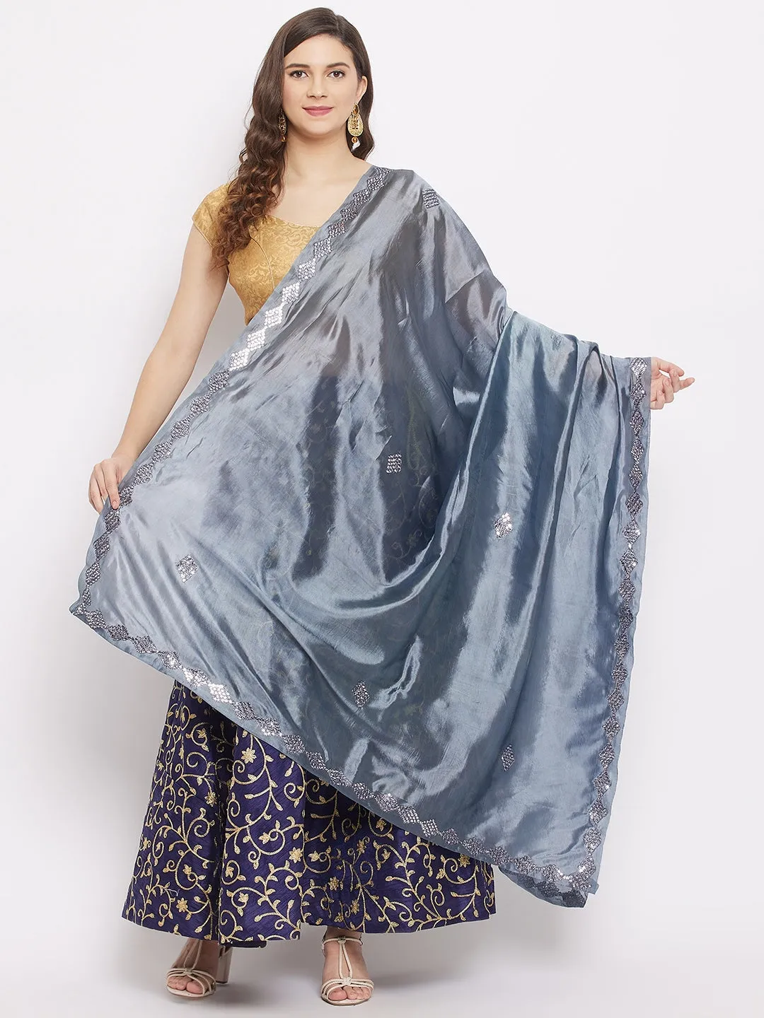 Women Grey Mirror Work Silk Dupatta