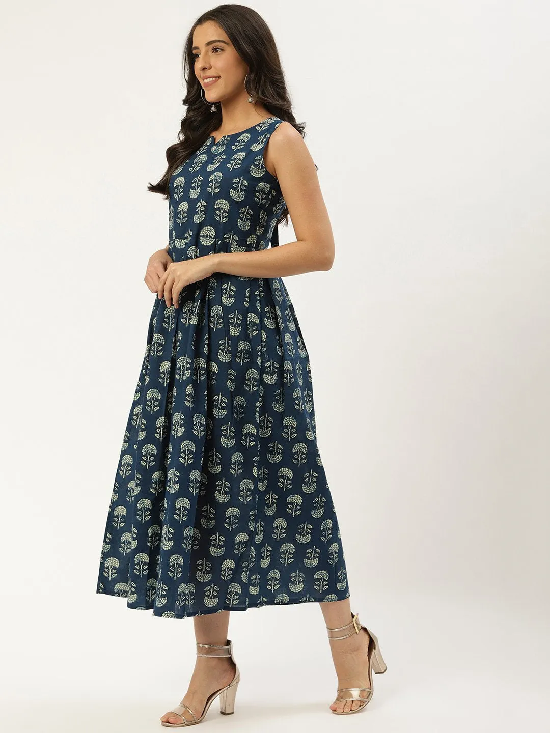 Women Indigo Blue Floral Printed V-Neck Cotton A-Line Dress