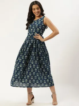 Women Indigo Blue Floral Printed V-Neck Cotton A-Line Dress