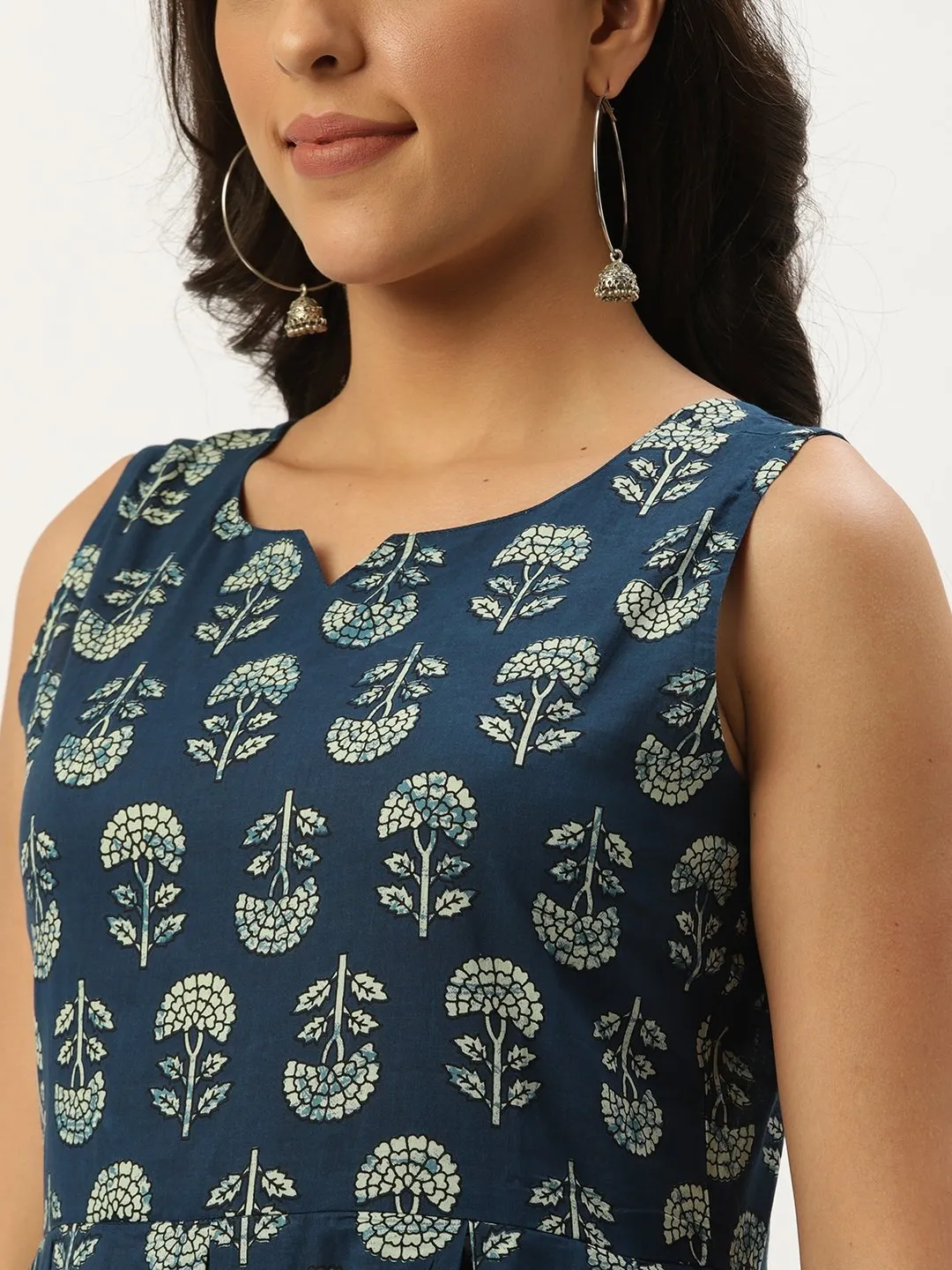 Women Indigo Blue Floral Printed V-Neck Cotton A-Line Dress