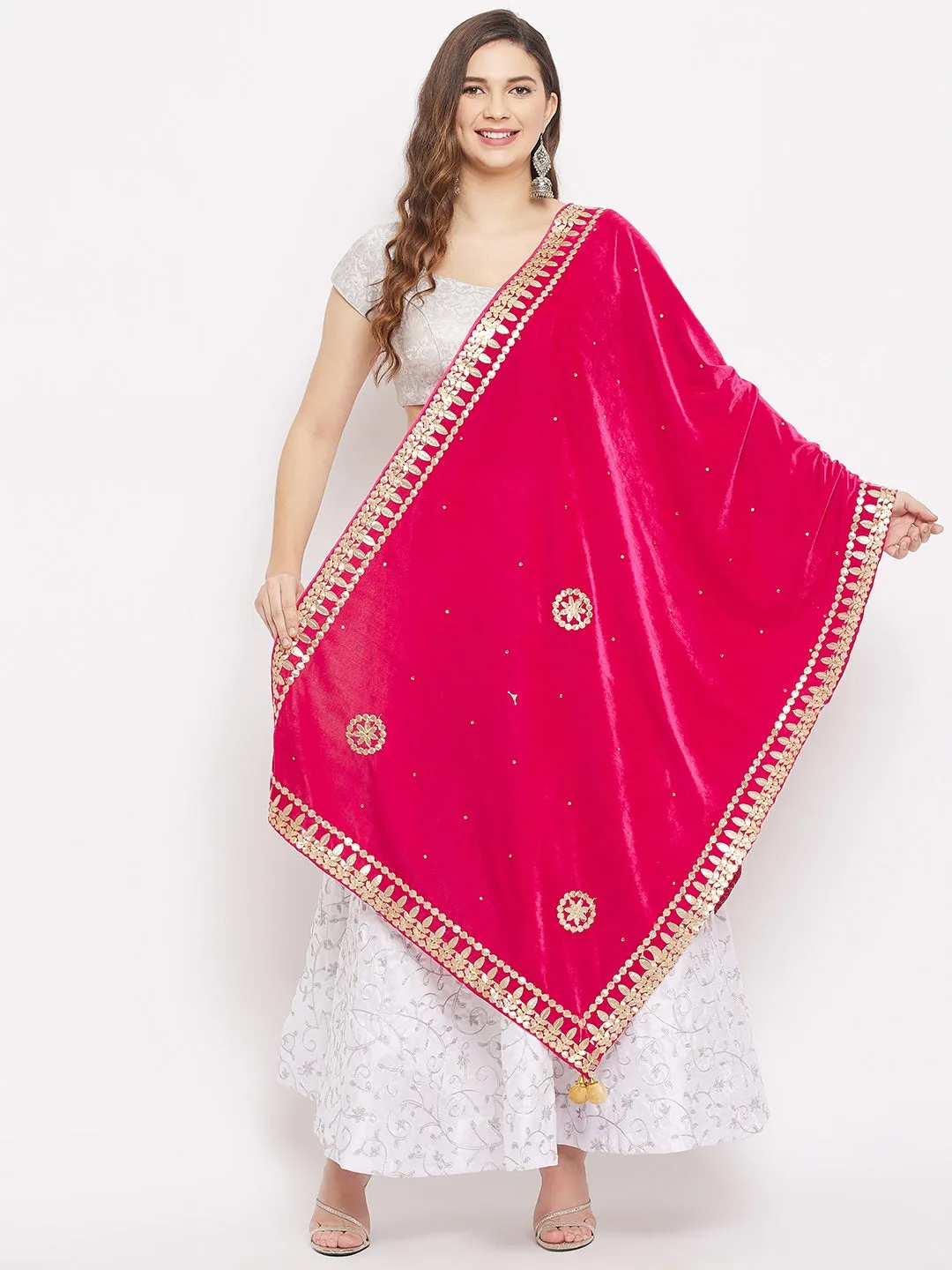 Women Magenta Velvet Dupatta With Gotta Patti Work