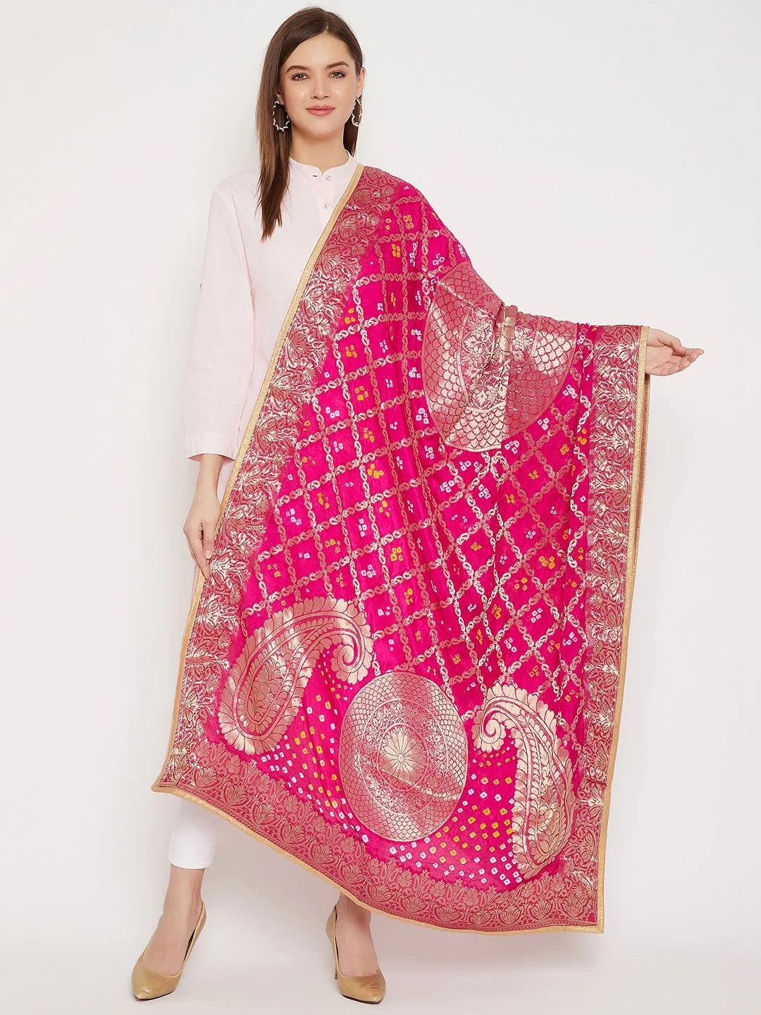 Women Magenta Woven Design Banarasi Bandhej Dupatta