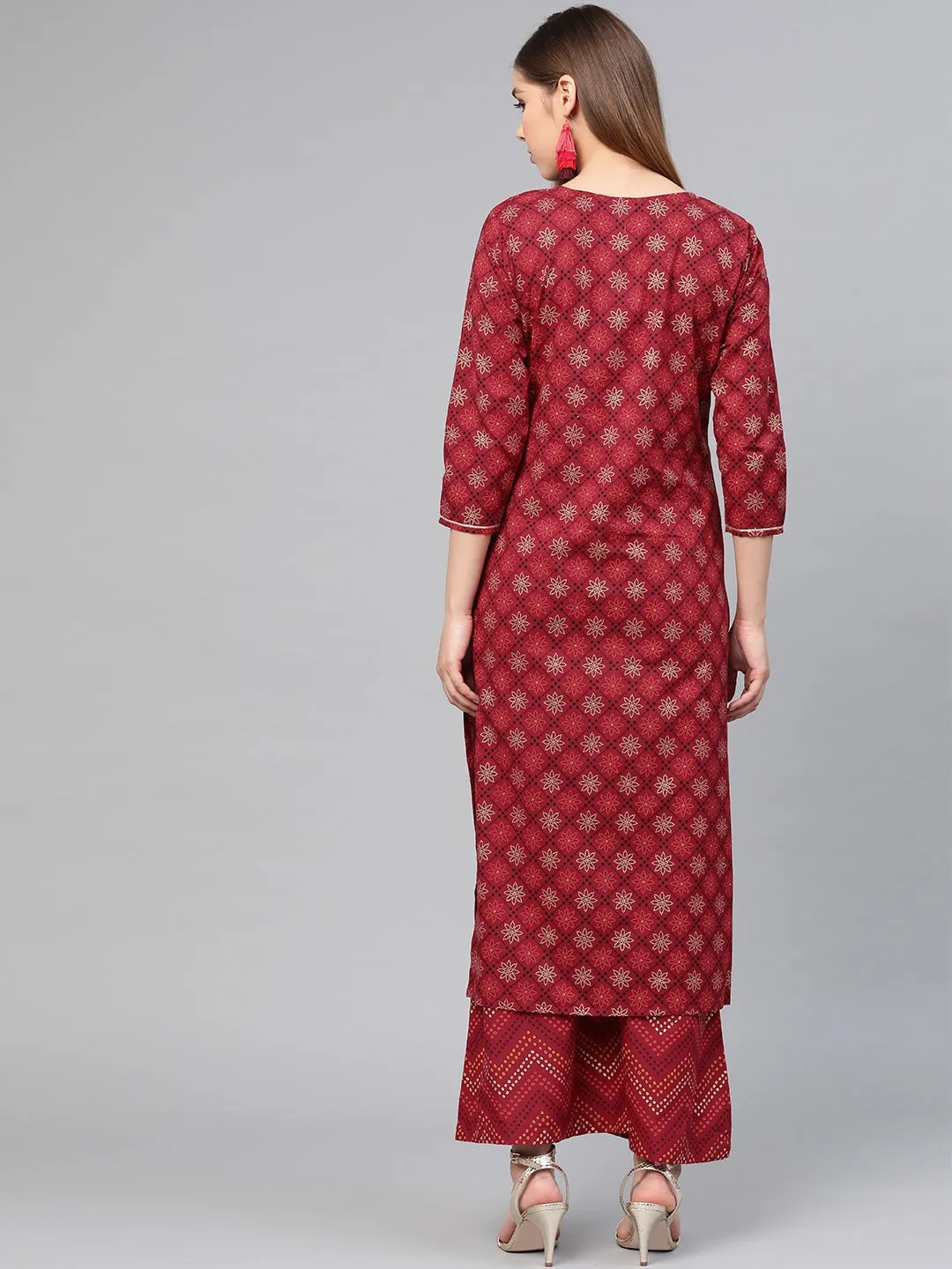 Women Maroon & Golden Printed Kurta Set