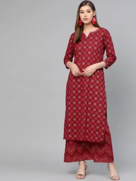 Women Maroon & Golden Printed Kurta Set