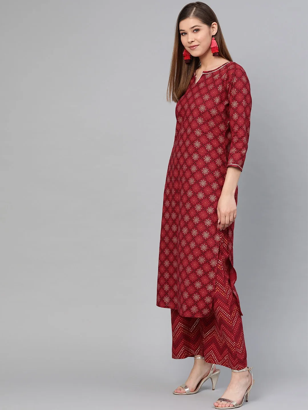 Women Maroon & Golden Printed Kurta Set