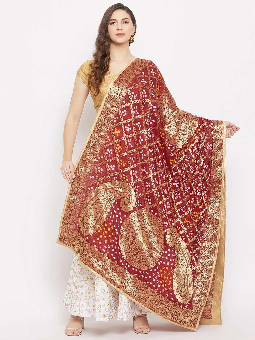 Women Maroon And Gold Toned Woven Design Dupatta