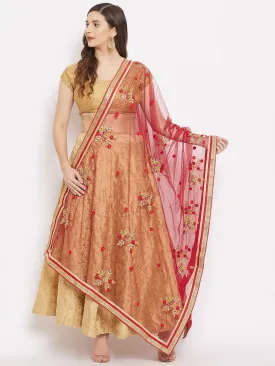 Women Maroon Embroidered Net Dupatta