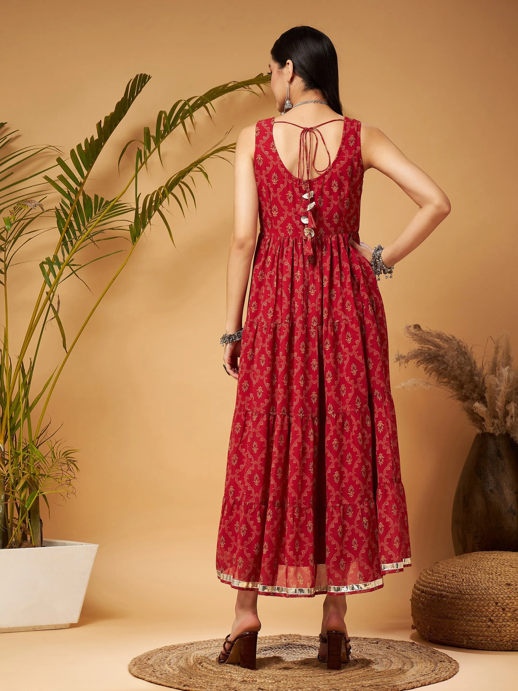 Women Maroon Embroidered Sleeveless Tiered Dress