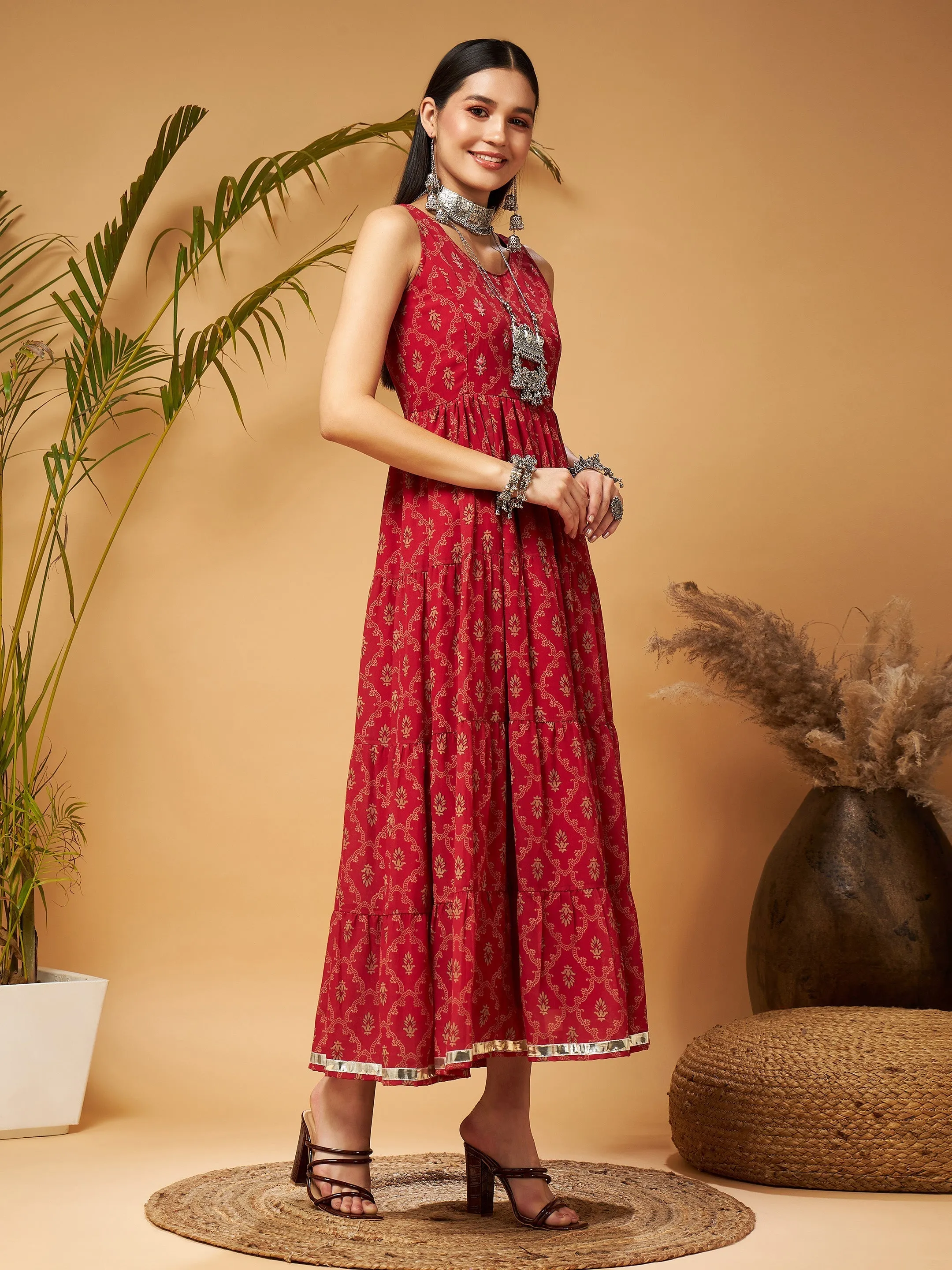 Women Maroon Embroidered Sleeveless Tiered Dress