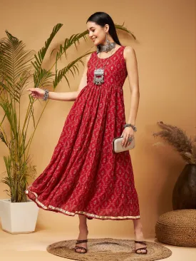 Women Maroon Embroidered Sleeveless Tiered Dress