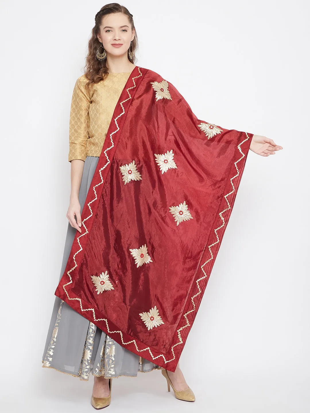 Women Maroon Gotta Work Silk Dupatta