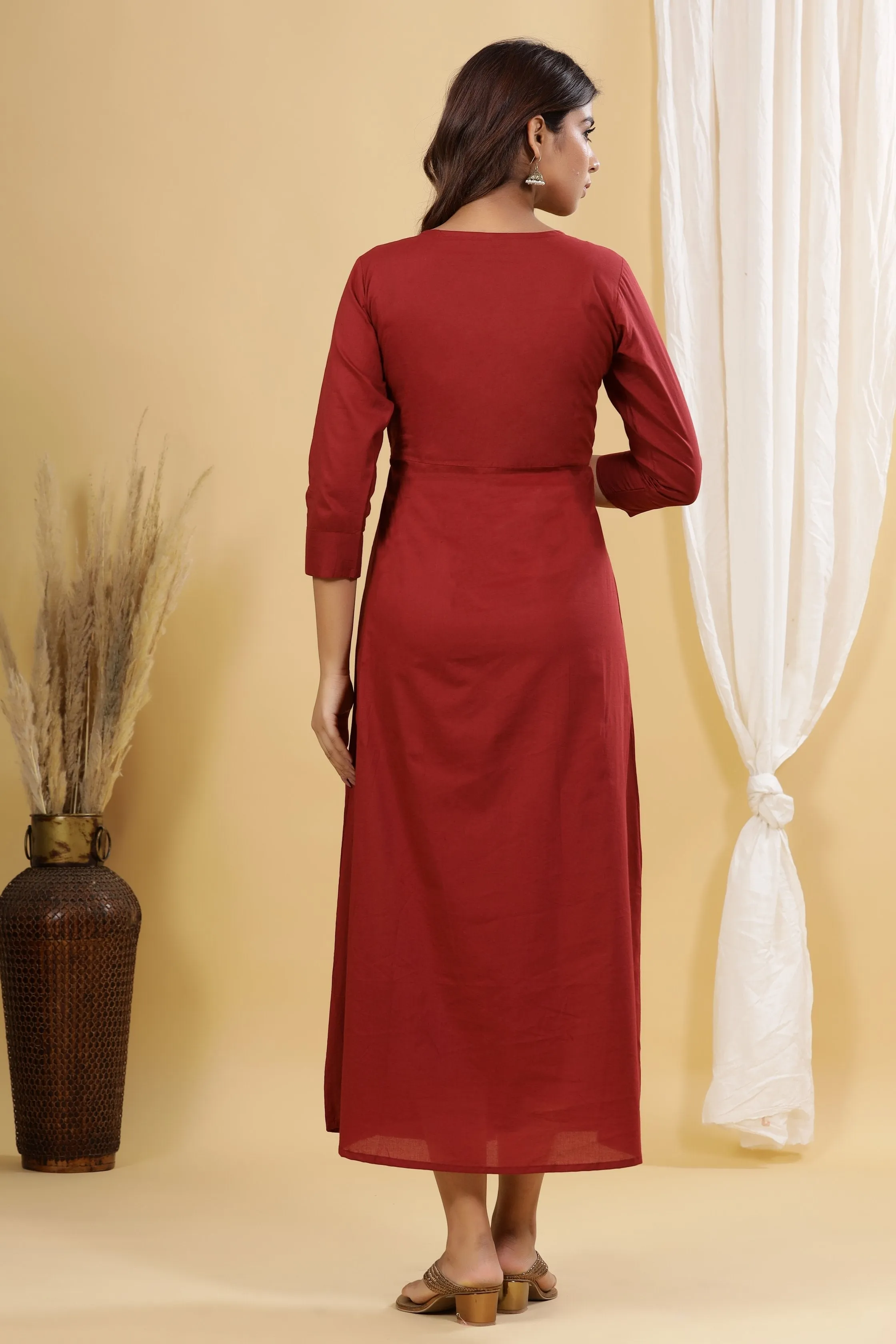 Women Maroon Solid Embroidered Dress