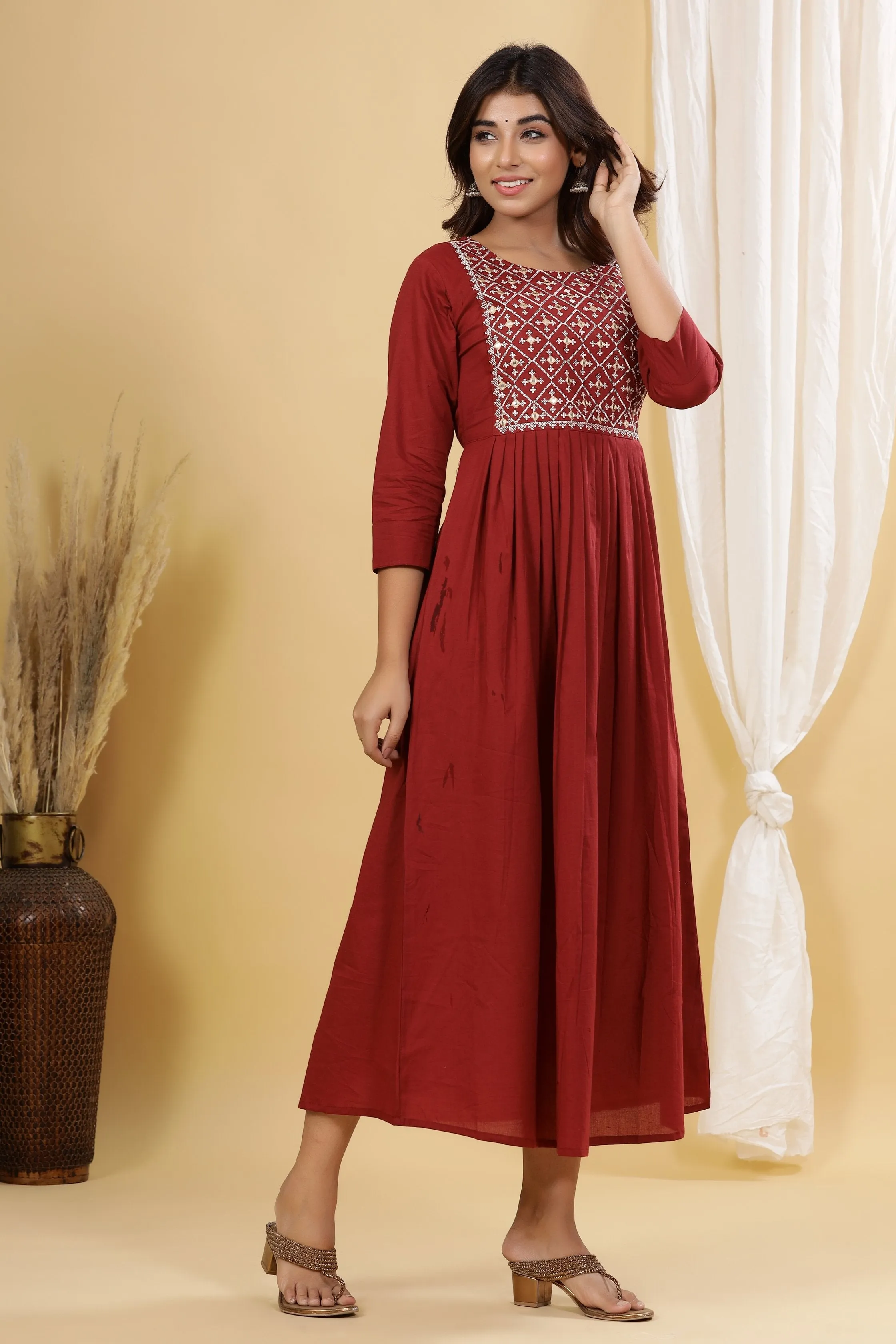 Women Maroon Solid Embroidered Dress