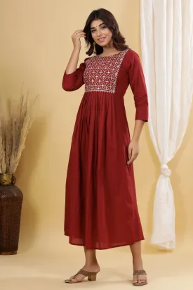 Women Maroon Solid Embroidered Dress