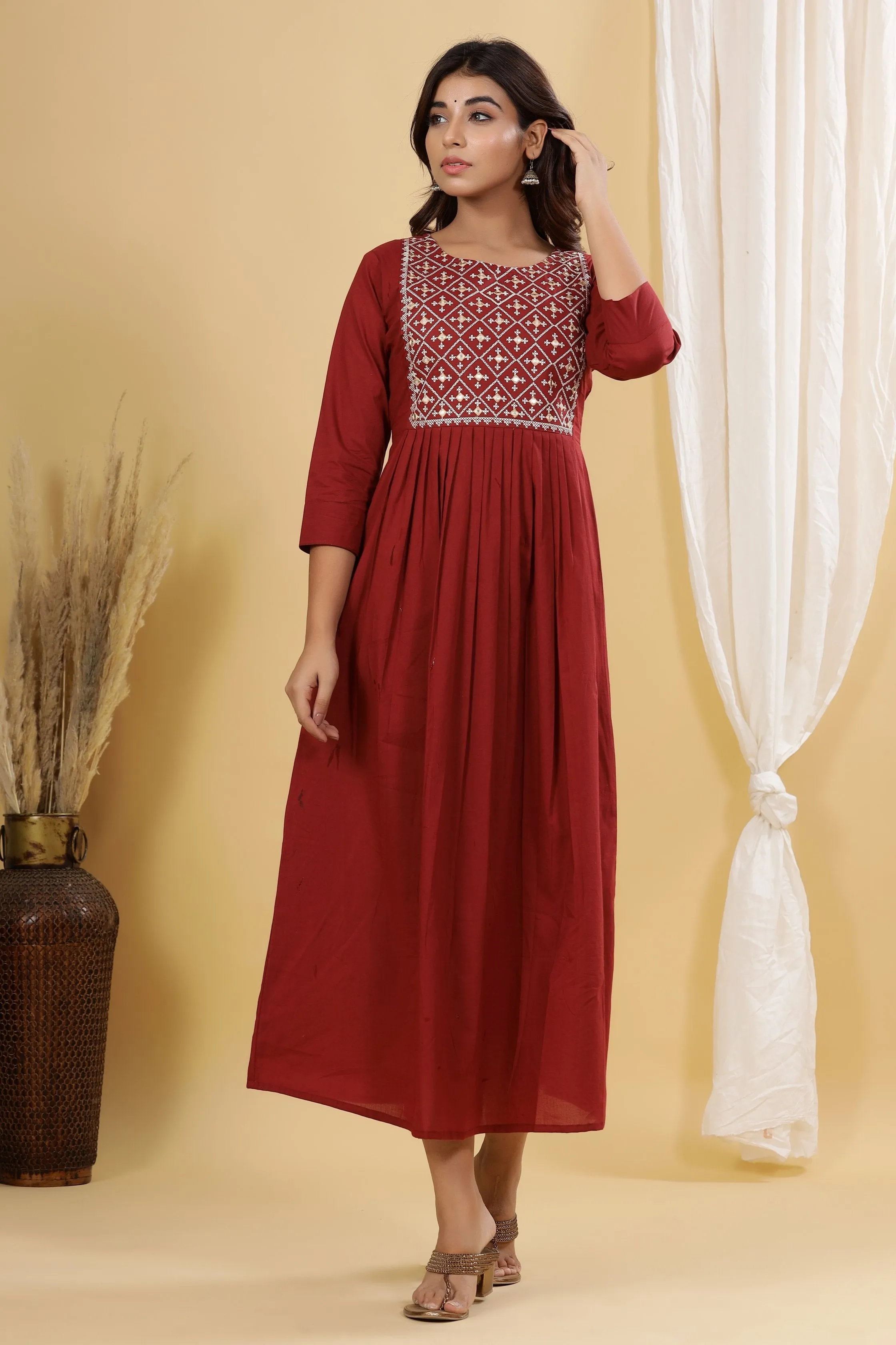 Women Maroon Solid Embroidered Dress