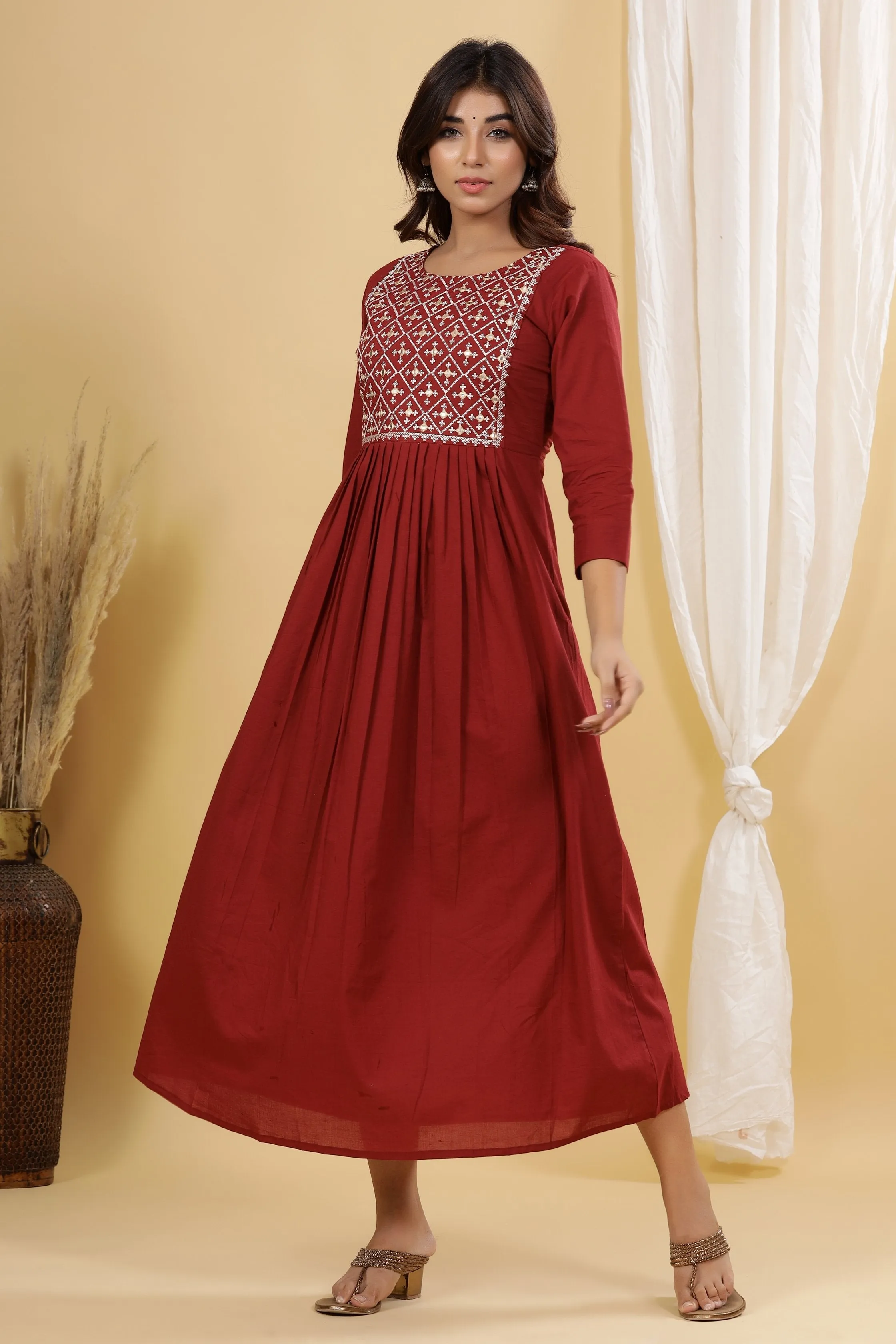 Women Maroon Solid Embroidered Dress