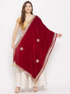 Women Maroon Velvet Dupatta With Gotta Patti Work