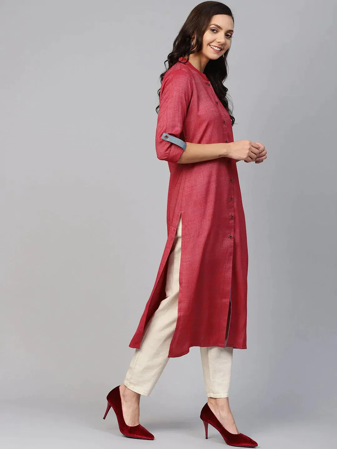 Women Maroon Woven Design Straight Rayon Kurta With Trousers