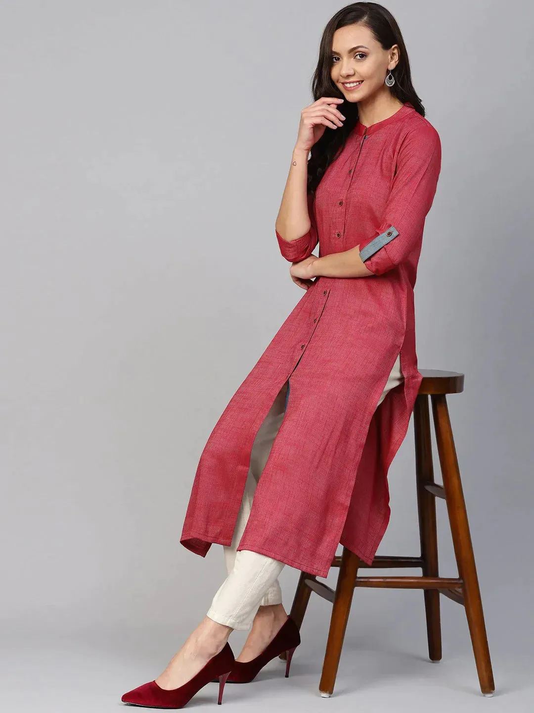 Women Maroon Woven Design Straight Rayon Kurta With Trousers