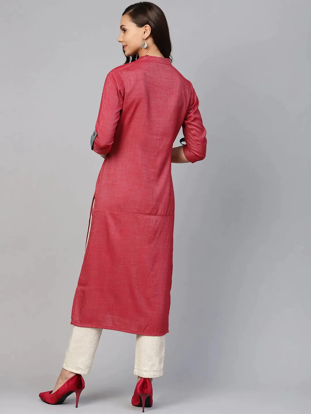 Women Maroon Woven Design Straight Rayon Kurta With Trousers