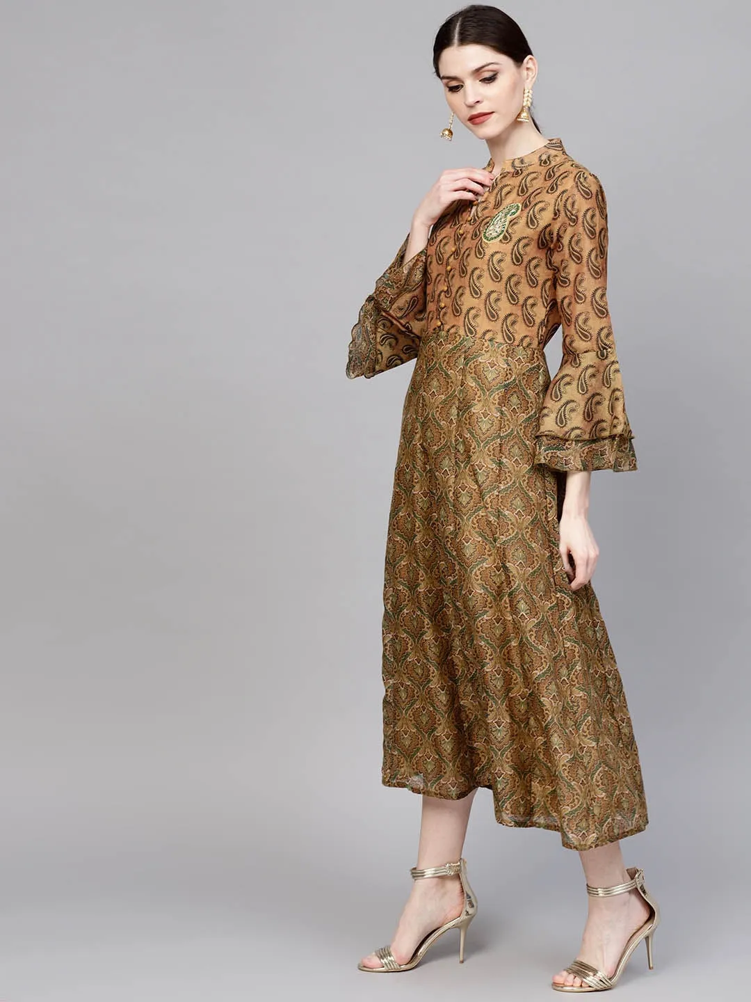 Women Mustard Brown Printed Kurta