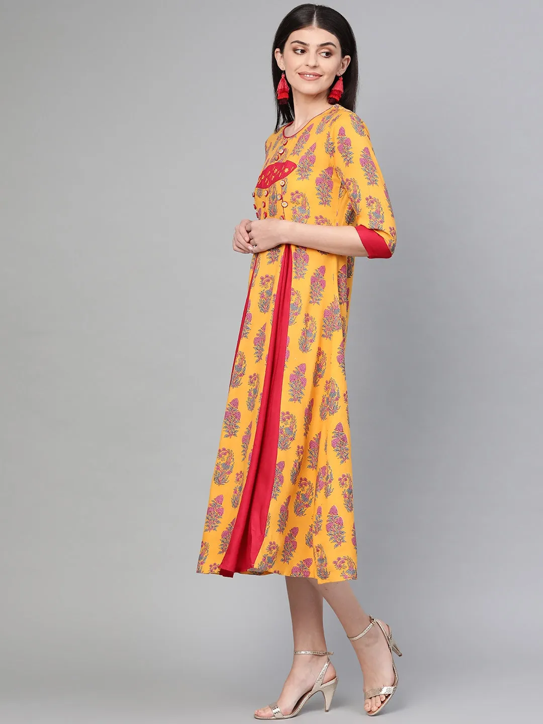 Women Mustard Yellow & Pink A-Line Kurta