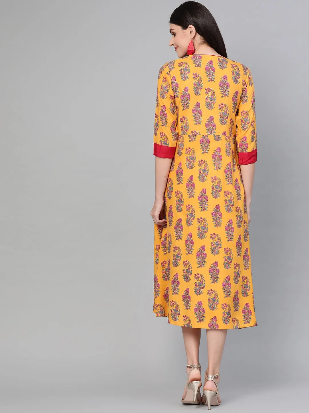 Women Mustard Yellow & Pink A-Line Kurta