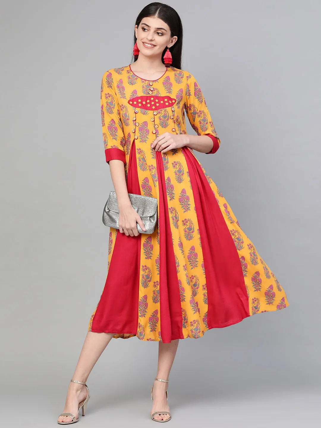 Women Mustard Yellow & Pink A-Line Kurta