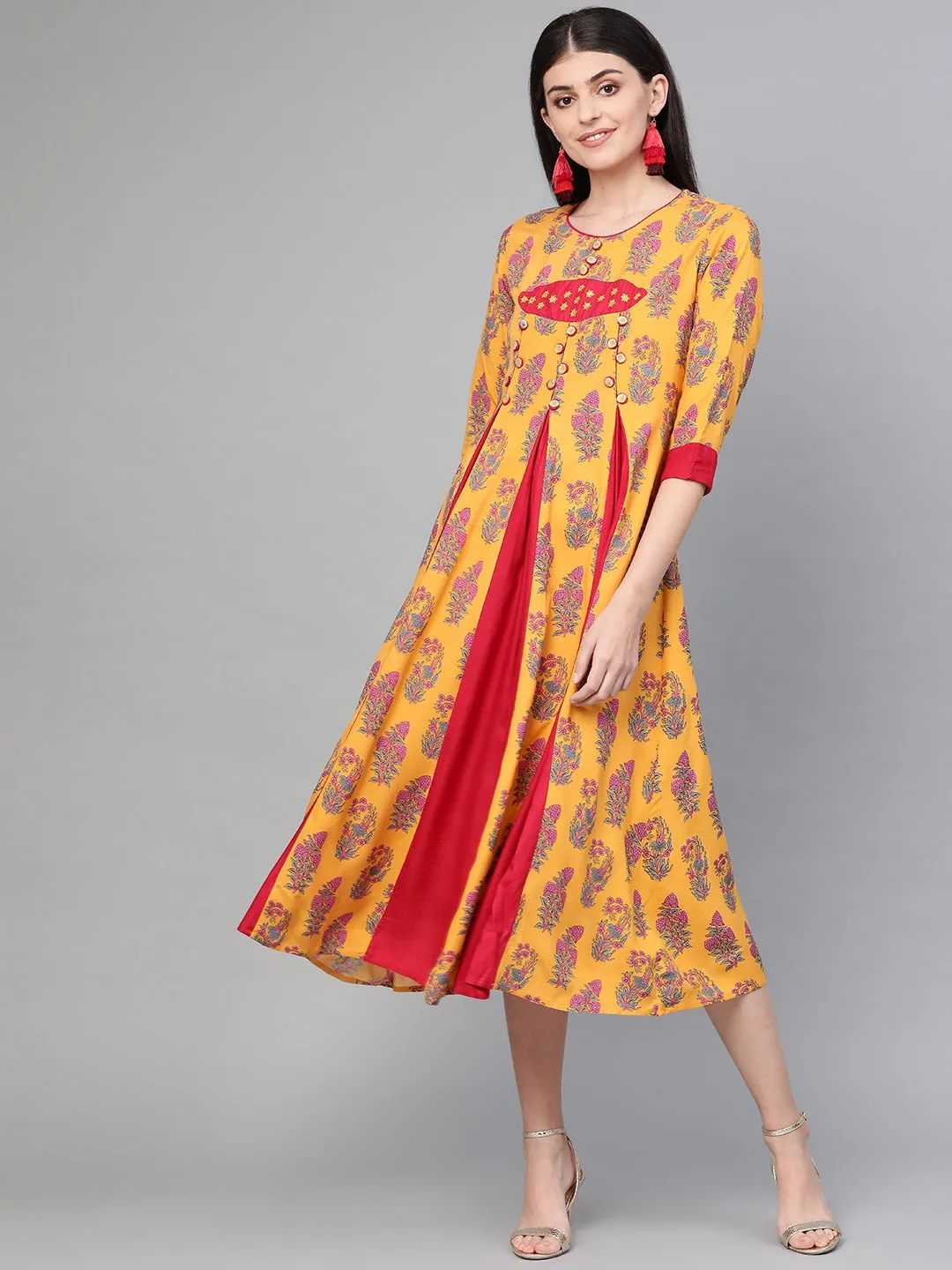 Women Mustard Yellow & Pink A-Line Kurta