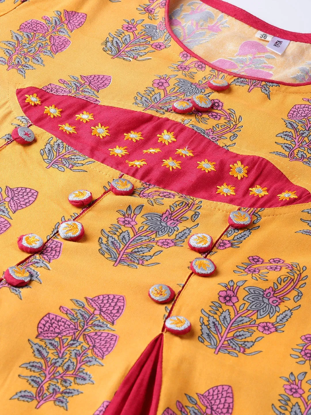 Women Mustard Yellow & Pink A-Line Kurta