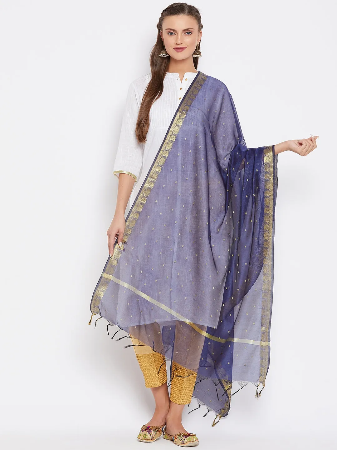 Women Navy Blue & Gold Coloured Woven Design Dupatta