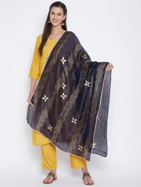 Women Navy Blue Printed Silk Dupatta