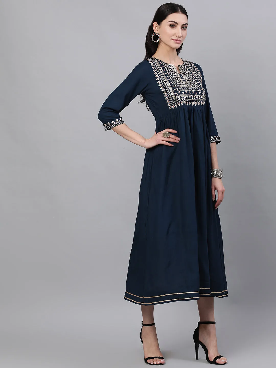 Women Navy Blue Solid Embroidered V-Neck Viscose Rayon Maxi Dress With Dupatta