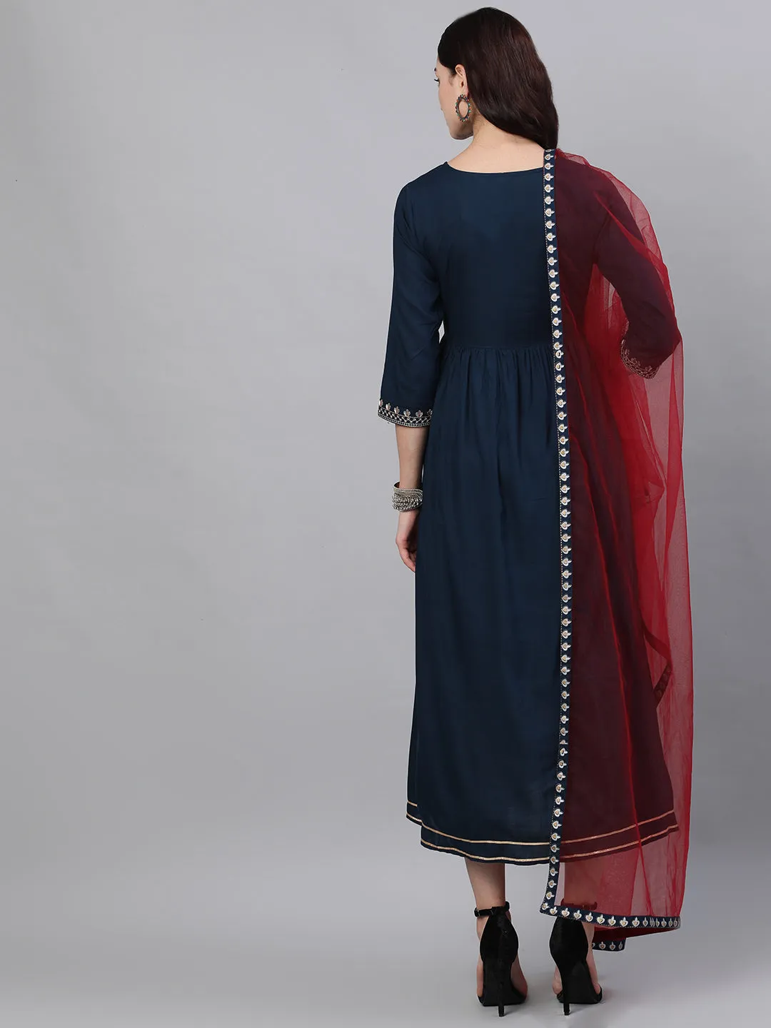 Women Navy Blue Solid Embroidered V-Neck Viscose Rayon Maxi Dress With Dupatta