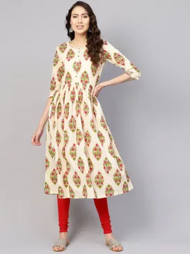 Women Off-White & Green Printed Midi Fit And Flare Dress