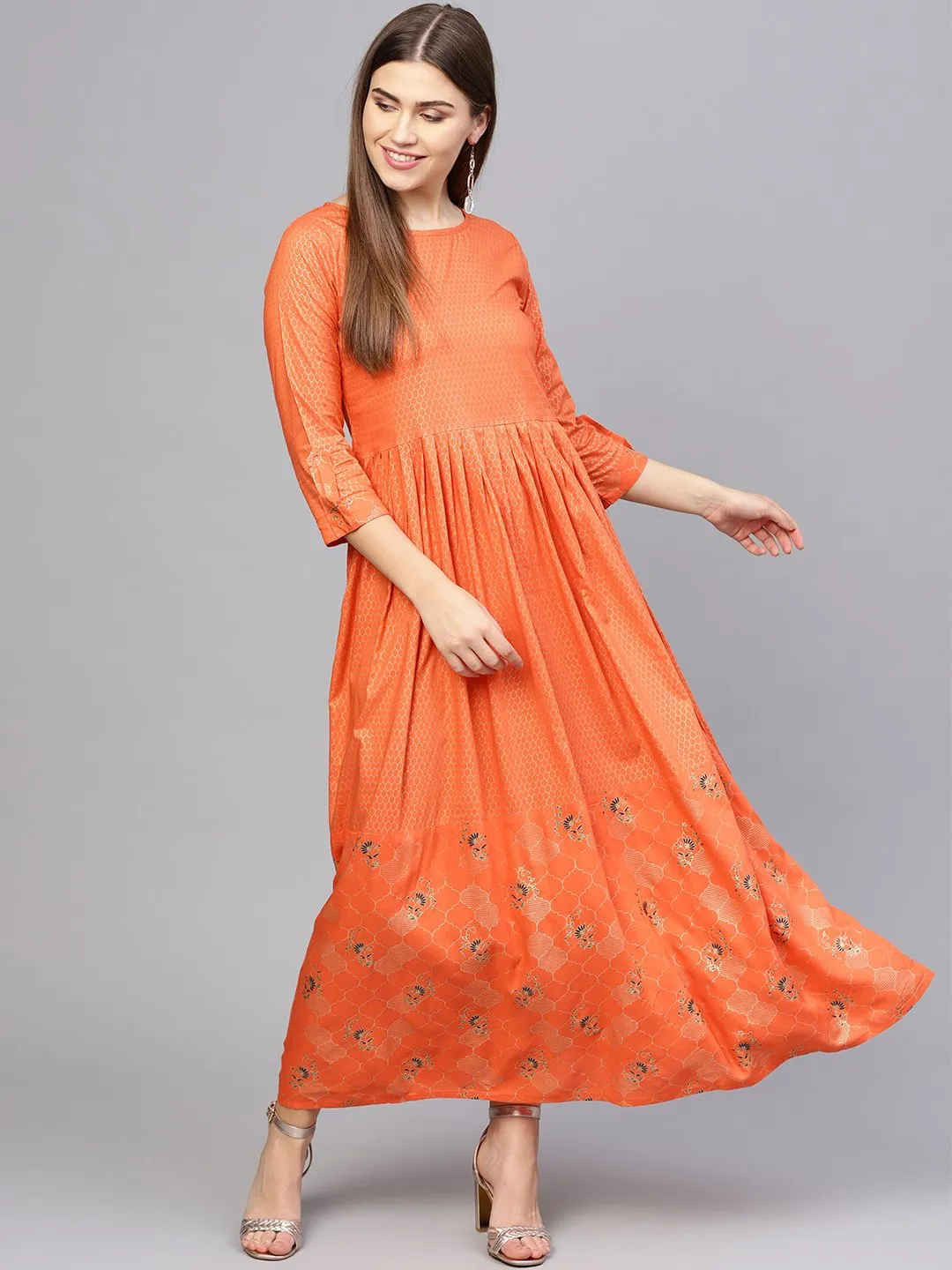 Women Orange & Golden Printed Maxi Dress