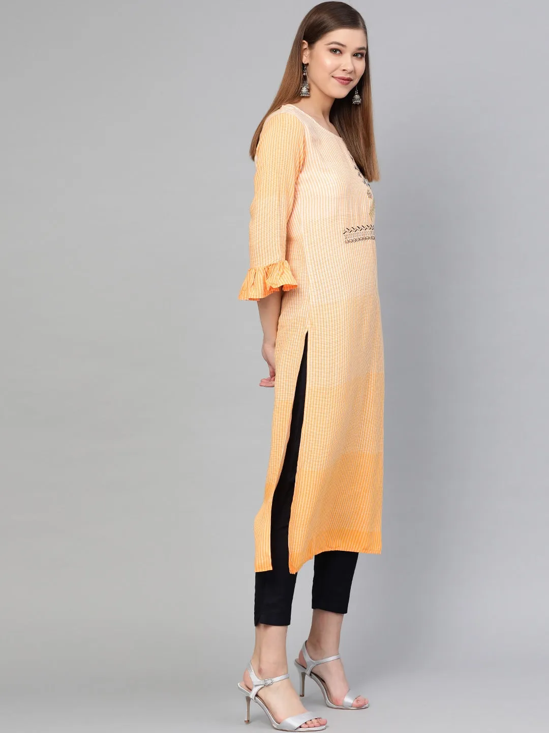 Women Orange & White Straight Kurta