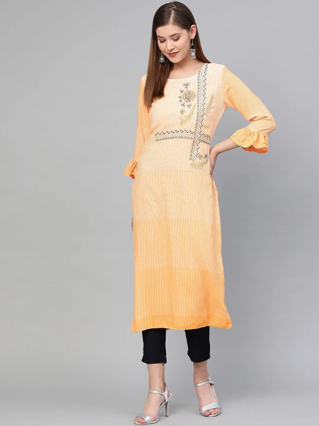 Women Orange & White Straight Kurta