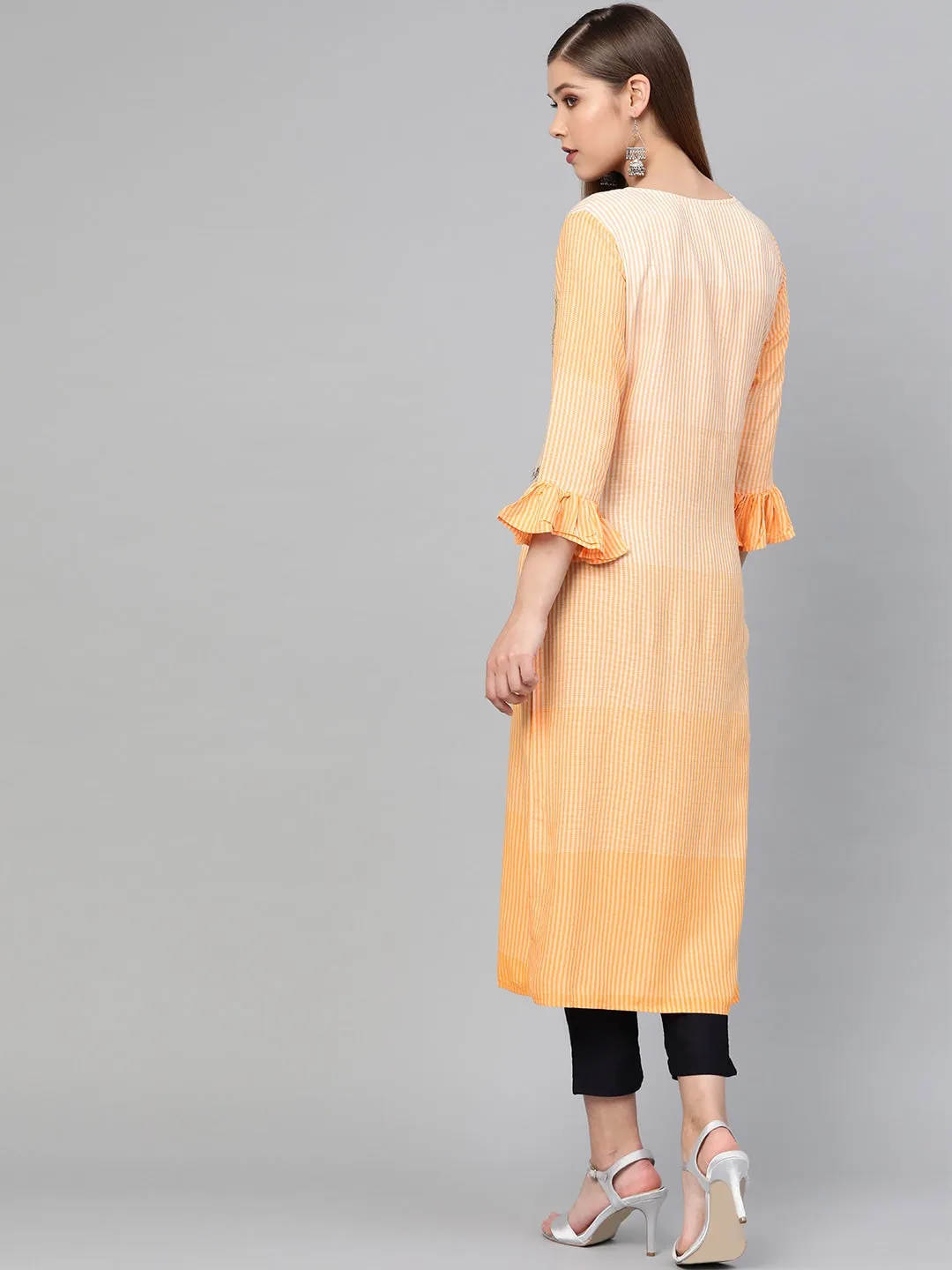 Women Orange & White Straight Kurta