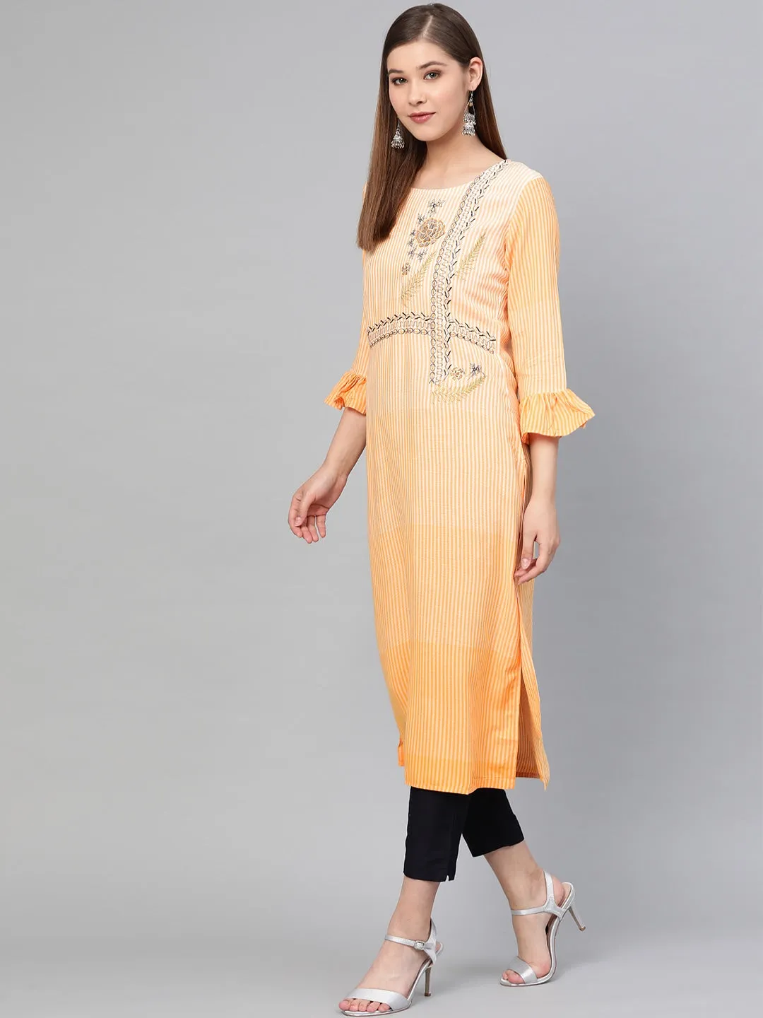 Women Orange & White Straight Kurta