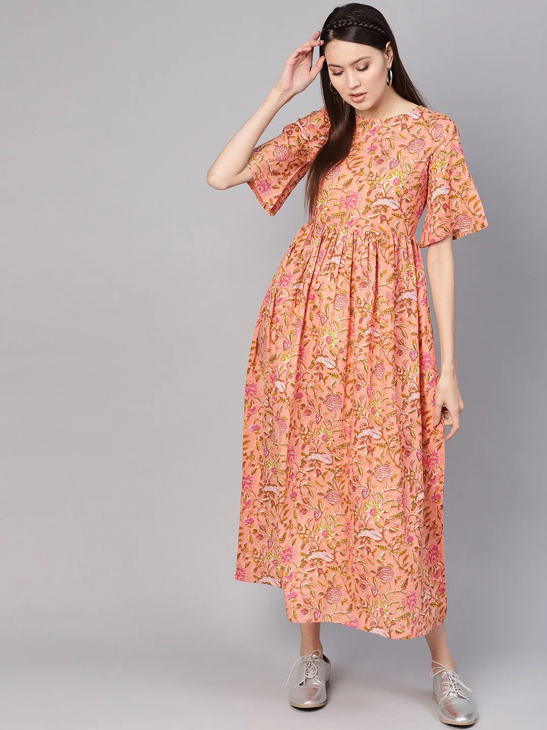 Women Peach-Coloured & Green Printed Maxi Dress