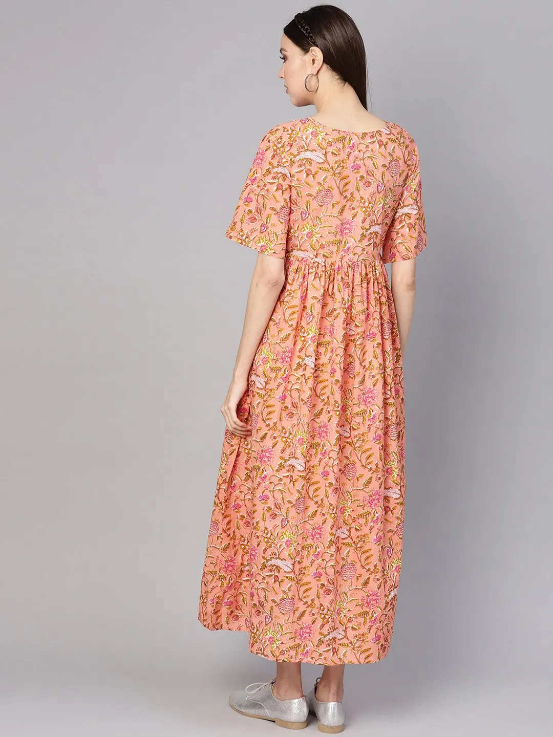 Women Peach-Coloured & Green Printed Maxi Dress