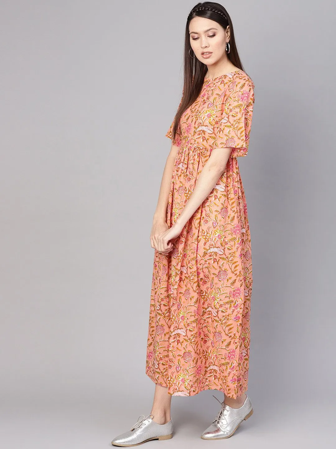 Women Peach-Coloured & Green Printed Maxi Dress