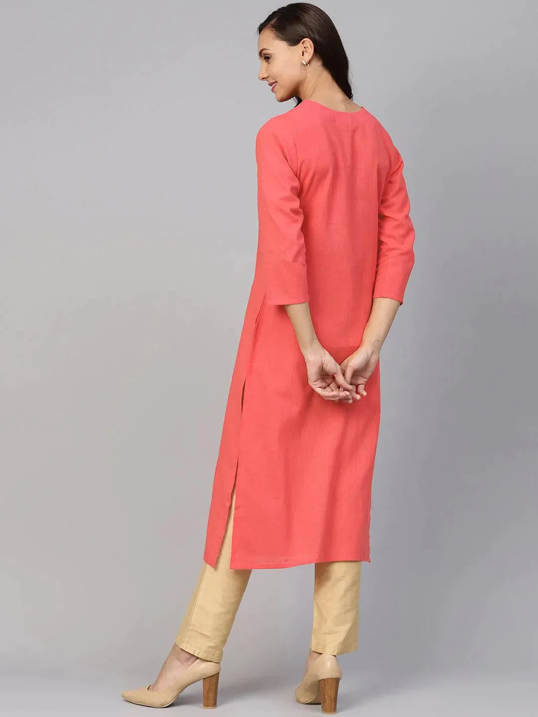 Women Peach Cotton Straight Kurta With Pintucks