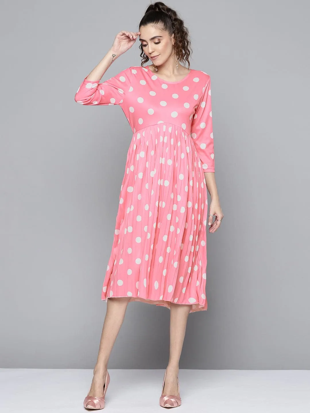 Women Pink And White Polka Dot Round Neck Pleated Dress